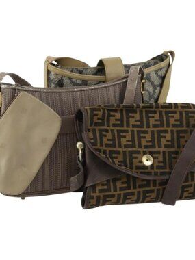 GIVENCHY Fendi Saint Laurent Zucca Canvas Bag PVC 3 Set Brown Black Auth 156745